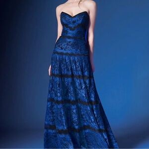 Tadashi Shoji Strapless Blue and Black Lace Evening Gown